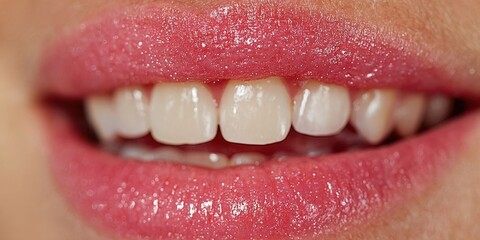 Bright smile featuring shiny pink lips and white teeth in sharp close-up detail.