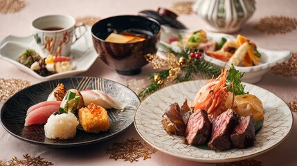 Elegant Kaiseki Multi-Course Meal Table Setting with Food and Cups