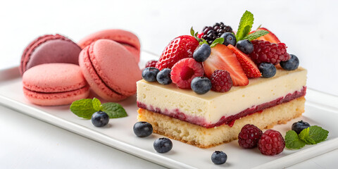 piece of cake dessert with fresh berries and macaroons white background