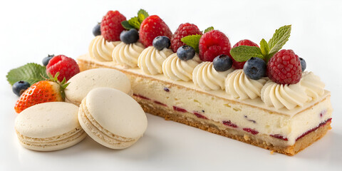 piece of cake dessert with fresh berries and macaroons white background