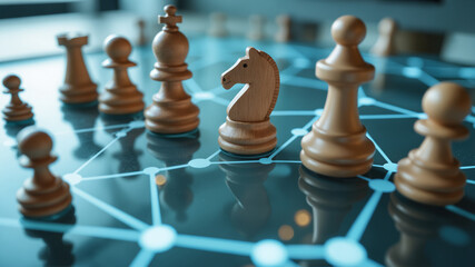 Strategic Chess Pieces on Connected Network - Wooden Knight and Pawns on Digital Board for Customer Loyalty Concept Visualization and Business Strategy Planning