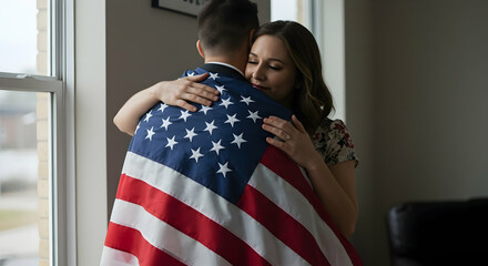 Reunion Embrace American Flag Patriotism Military Family Love Homecoming Soldier Wife Son Daughter Support Gratitude Veteran