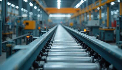 Empty conveyor belt in factory production line. Factory shut down industrial production halts concept. Economic crisis concept shows idle manufacturing, halted workflow, supply chain disruption.
