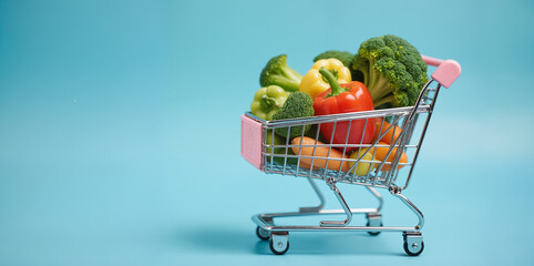 Miniature Shopping Cart Filled with Colorful Vegetables - Toy Grocery Trolley with Fresh Produce on Blue Background for Cart Filling Concepts, Retail Marketing, and Shopping Illustrations