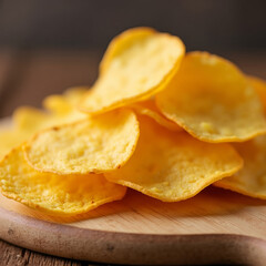 Cheese Potato Chips on a Wooden Board, side view.