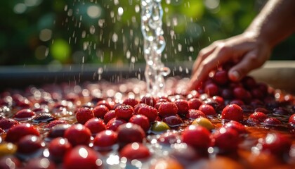 Freshly harvested red coffee cherries are washed with flowing water during the day outdoors. Cleaning, preparation for coffee production with human hands. Harvesting, agriculture, food, drink.