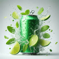 A green soda can surrounded by splashes of water, lime slices, and fresh mint leaves. The scene conveys a refreshing beverage concept.