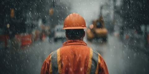 Serious Construction Worker in Orange Safety Jacket and Hard Hat in Rain