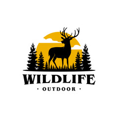 deer and pine trees wildlife logo illustration