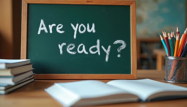 Chalkboard message Ready with notebooks, pencils on table. Education, learning, preparation for exams. School, college, university study. Concept of stress, deadline, test, final examination,