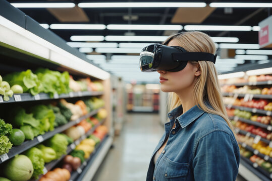 Virtual Reality Grocery Experience – Woman Wearing VR Headset in Produce Aisle for Unified Shopping Experience, Retail Technology, and Digital Commerce Solutions