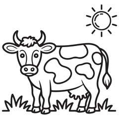 Hand-drawn illustration of a cow standing in a field with clouds and a wooden fence