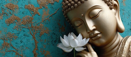 A painting of the Buddha with a lotus flower, painted in oil on canvas, in an elegant and modern style, using golden yellow