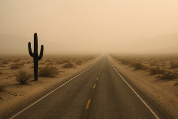 Tranquil desert road at dusk with cactus and minimal landscape for travel adventure theme