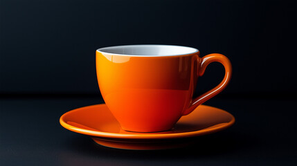 Obraz premium Elegant orange ceramic coffee cup with matching saucer placed on a dark background, minimalistic modern design, vibrant glossy finish, perfect for café, tea, espresso, or stylish kitchen décor concept