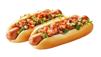 Two plump hot dogs in soft buns, topped with vibrant pico de gallo and crisp lettuce