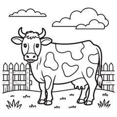 Hand-drawn illustration of a cow standing in a field with clouds and a wooden fence