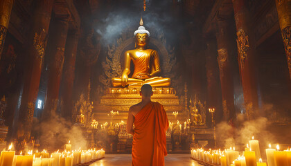 A Lao monk in an orange robe sits facing the golden Buddha statue inside a temple in Xiengthong temple in Luang Prabang, Laos. Candles and incense smoke fill the air around him