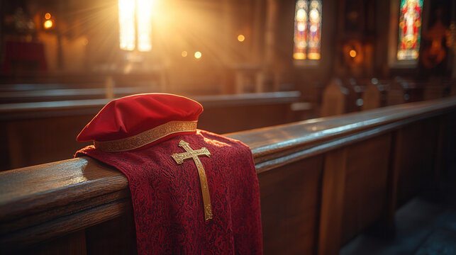 Wooden church pew with red cardinal robe, biretta, and golden cross illuminated by stained glass light