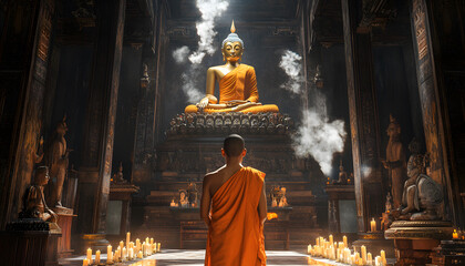 A Lao monk in an orange robe sits facing the golden Buddha statue inside a temple in Xiengthong temple in Luang Prabang, Laos. Candles and incense smoke fill the air around him