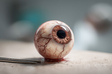Human eye on a surgical table. An artificial human eye is on display during or after a complex and intense scientific experiment.