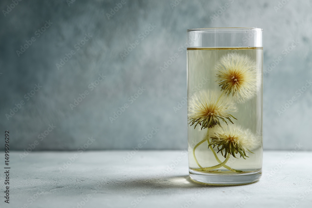 Aufkleber dandelion seed heads are suspended in a clear liquid inside a tall glass. a simple and elegant compo