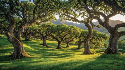 Sunlight filters through ancient oak trees on a rolling hillside