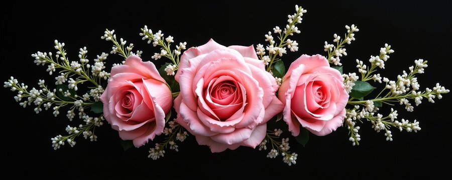 Floral ornament with pink roses and white flowers on black background. Perfect decor for greeting cards, wedding invitations, Valentine Day, love, design element. Natural beauty.