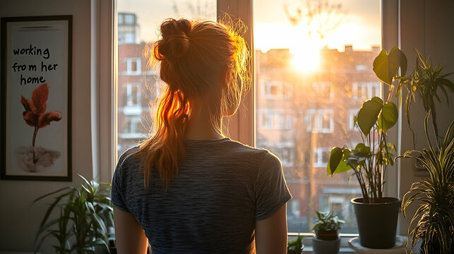 Woman looking out window at sunset.
