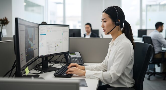 Customer service representative working in call center office with dual monitors and headset support is ready on transparent background