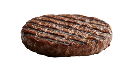 A perfectly grilled, round beef patty, showcasing delicious grill marks and a juicy texture