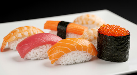 Traditional Japanese Sushi Variety on White Plate