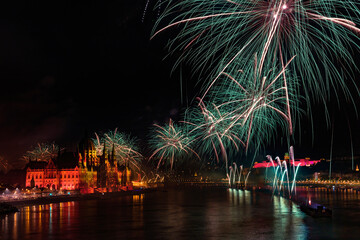 Spectacular fireworks display show in Budapest. Light and fireworks show on August 20th. in Saint Stephen&rsquo;s Day celebration