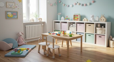 Minimalist Children's Playroom with White Cubbies and Natural Wood Table