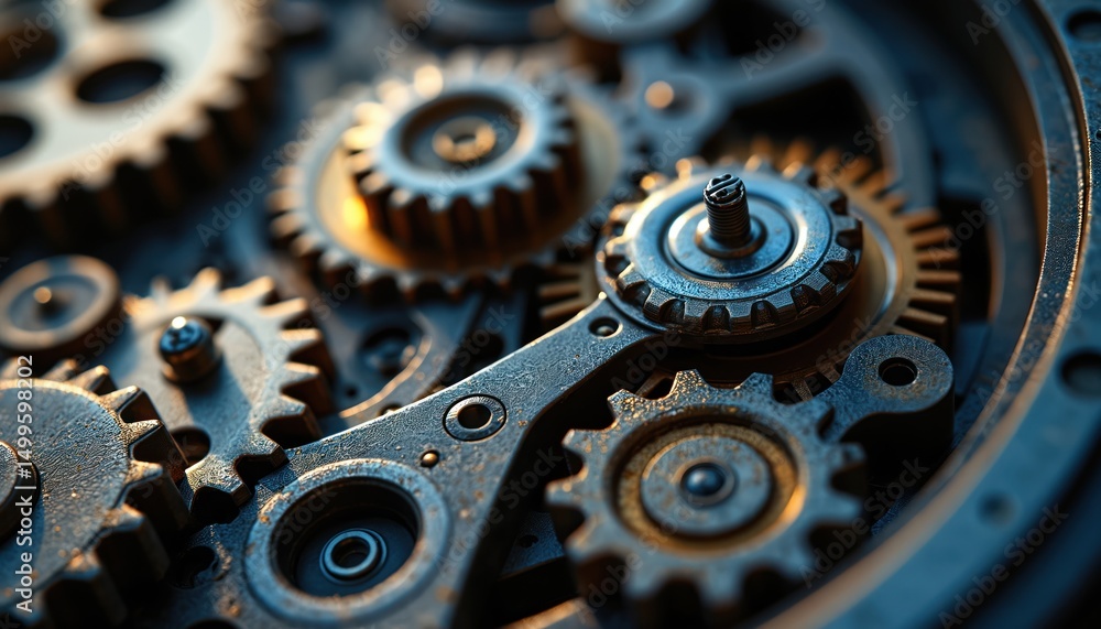 Poster close-up view gears machine. precision engineering clockwork mechanism. time, movement concept. deta