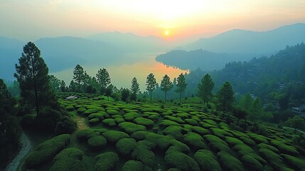 Sunrise over a tea plantation overlooking a tranquil lake