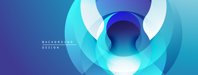 Abstract blue layers create dynamic circular composition. Gradient shades suggest depth, modern aesthetic. Minimalist design, smooth transitions.