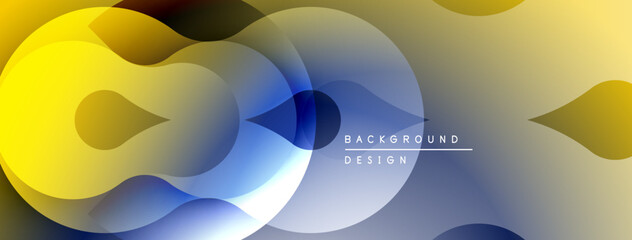 Abstract fluid shapes overlap, creating dynamic gradient composition. Yellows, blues, grays blend seamlessly. Modern design element.