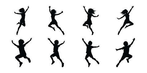 Set of detailed children playing and jumping vector, boys and girls silhouettes isolated on white background