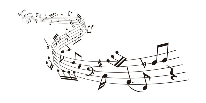ウェーブ状の楽譜：五線譜に並ぶ音符の背景ベクターイラスト