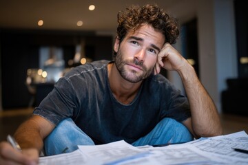 This evocative image shows a young man deep in thought while surrounded by paperwork, representing the reflective process of evaluating life goals and personal challenges.