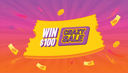 This colorful winning Voucher features the text Win $100 and Crazy Sale. It is ideal for marketing, promotions, and special event advertising.
