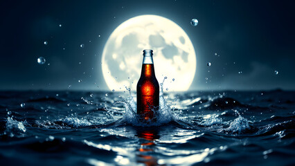 Moonlit Brew: A lone bottle of beer stands upright amidst a splash of ocean water under the mystical moonlight, the perfect depiction of refreshment under a celestial canvas.