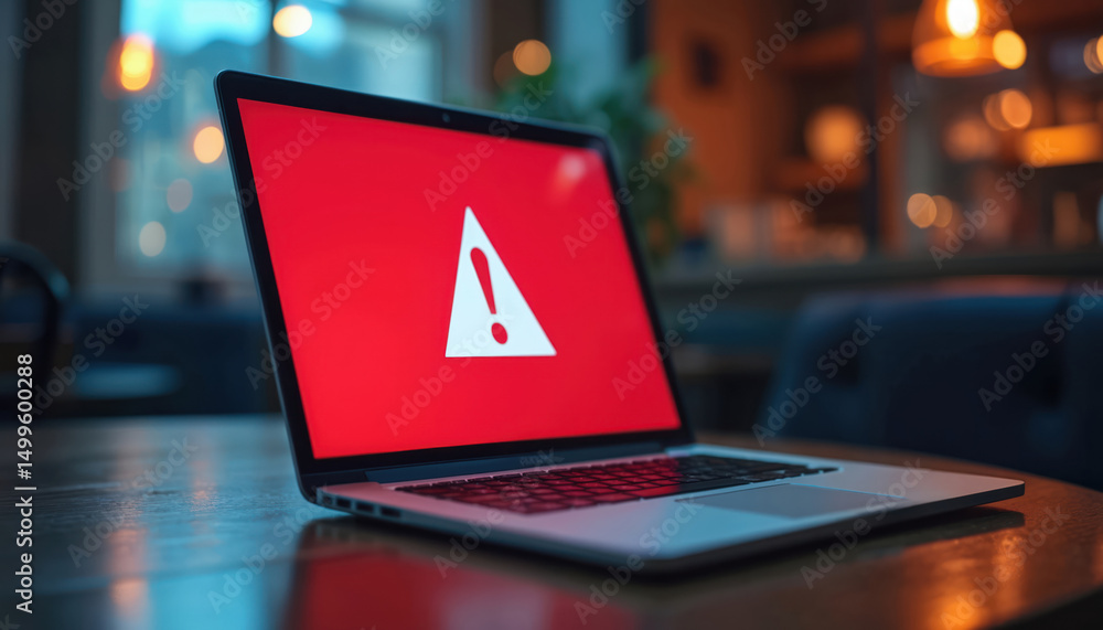 Aufkleber laptop screen displaying alert notification. red warning icon signifies potential security breach. c
