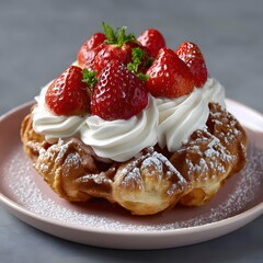 Fresh strawberry waffle topped with whipped cream and powdered sugar