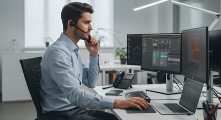 Man working at desk with multiple monitors using headset in office environment for customer service on transparent background