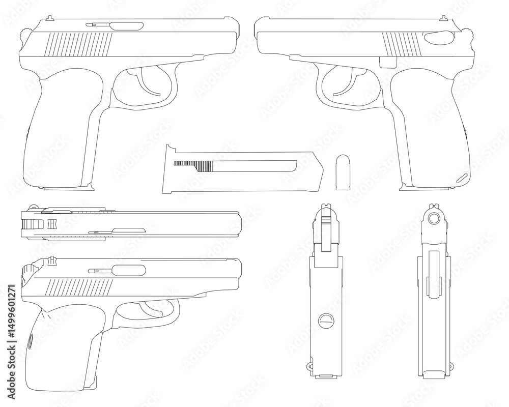 Poster a gun is shown in various positions, with the barrel pointing in different directions. the image is 