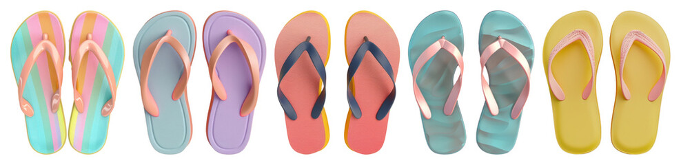 Fototapeta premium PNG Colorful summer flip-flops variety, element set on transparent background