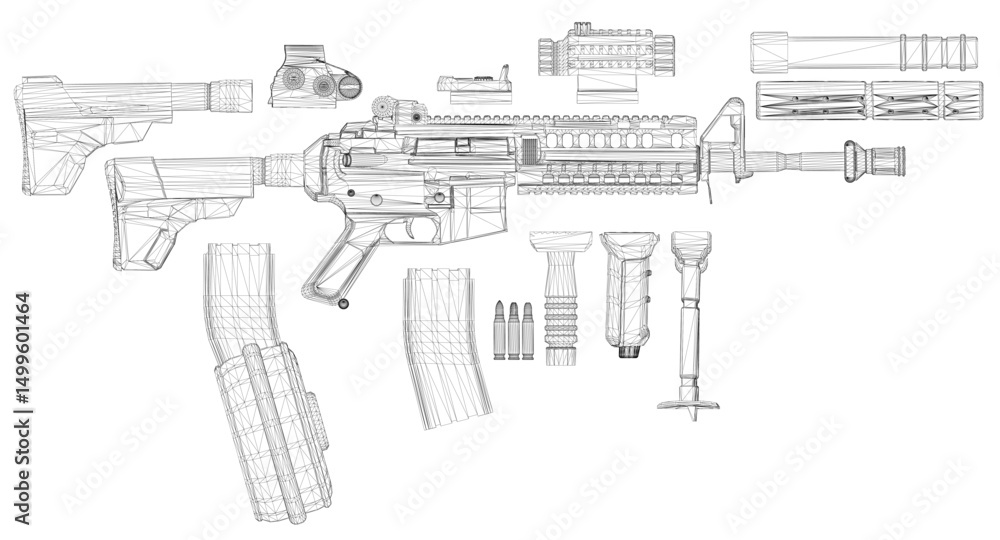 Poster a gun is shown in black and white with a few parts missing. the gun is a rifle and the image is of a