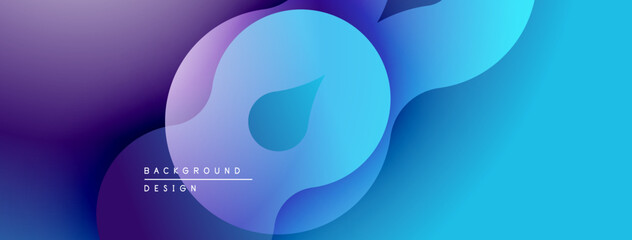 Abstract fluid shapes, vibrant blues, purples create modern background. Gradient colors blend seamlessly, offering dynamic visual effect.